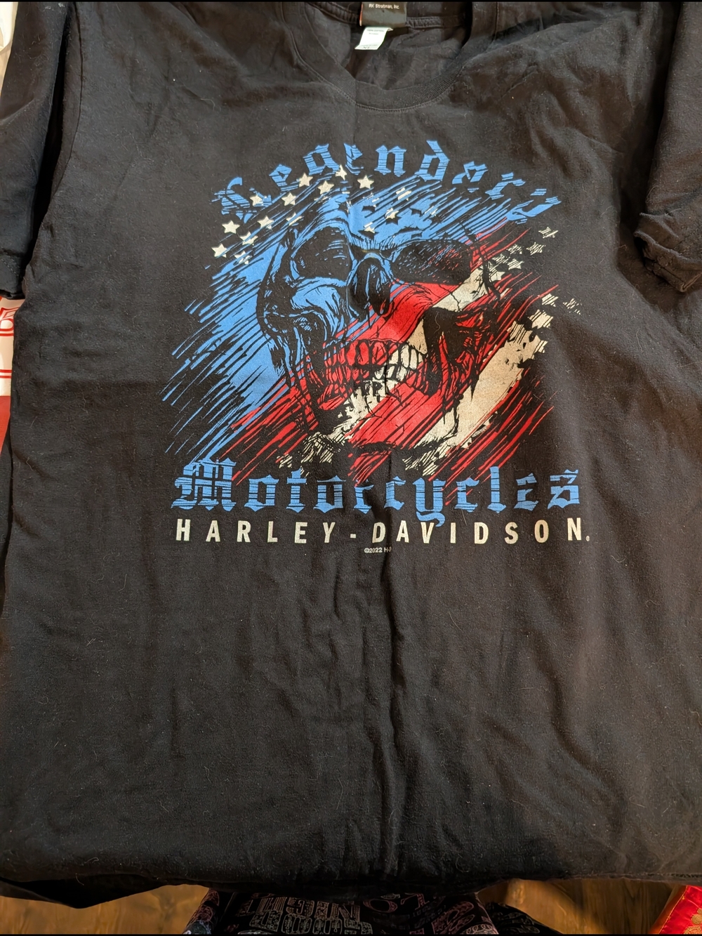 Harley-Davidson Black Short-Sleeve Tee with Red & Blue Skull Graphic